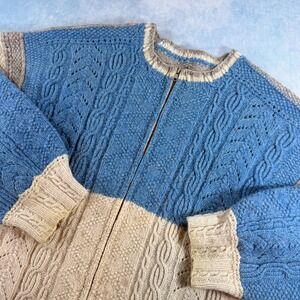 Handmade Cable Knit Cardigan Large Blue Cream Colorblock Good Zip Sweater Wool
